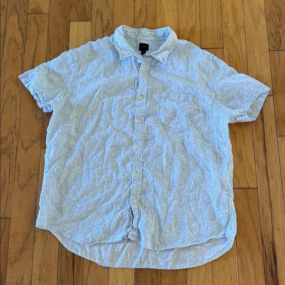 J.Crew | Men’s Button Down Linen Blend Shirt | Baby Blue/White Leaf Print | XXL